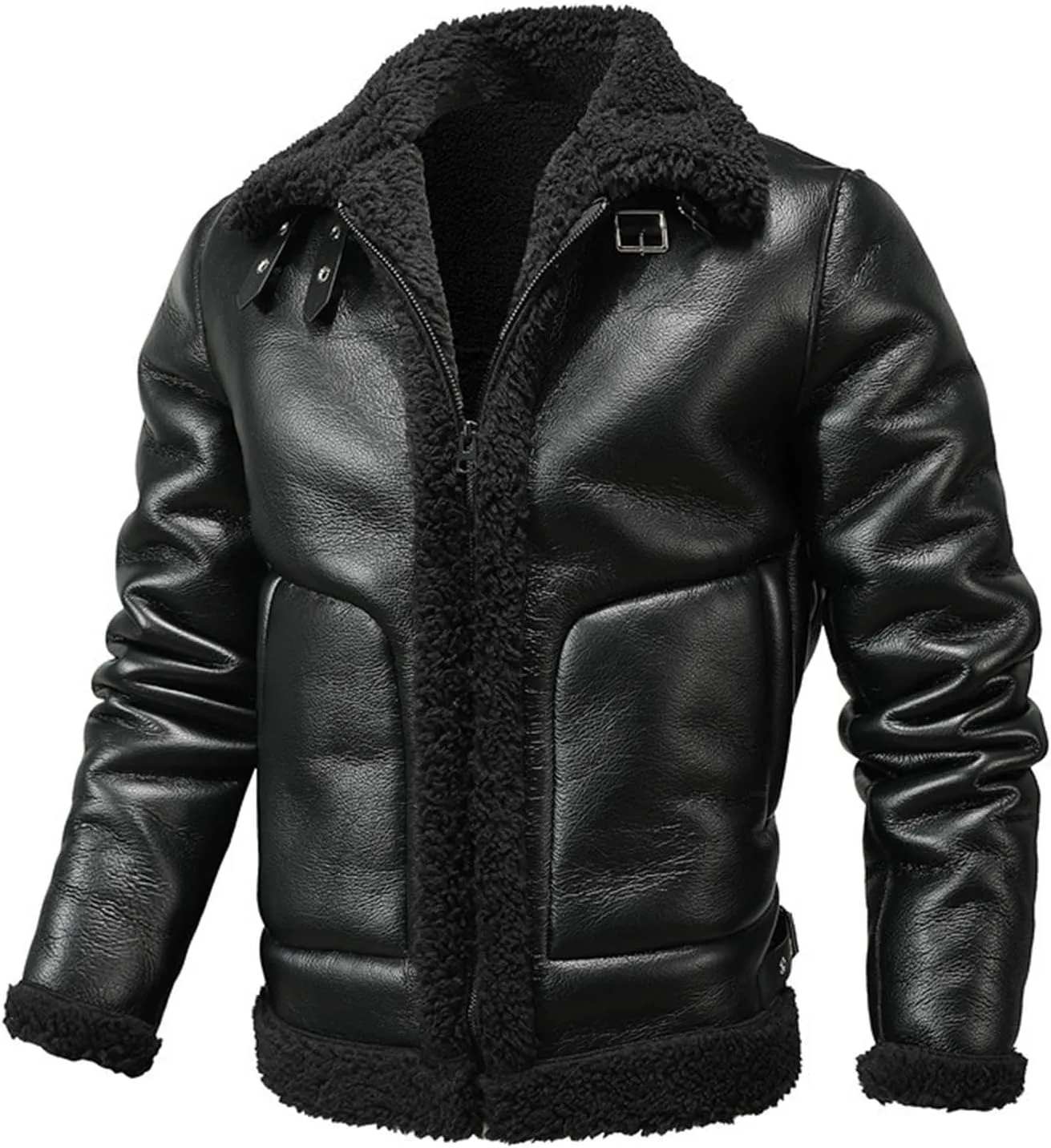 Mens Faux Leather Jacket Winter Vintage Motorcycle Biker Jackets Sherpa Lined Heavyweight Shearing Coat Bomber Jackets