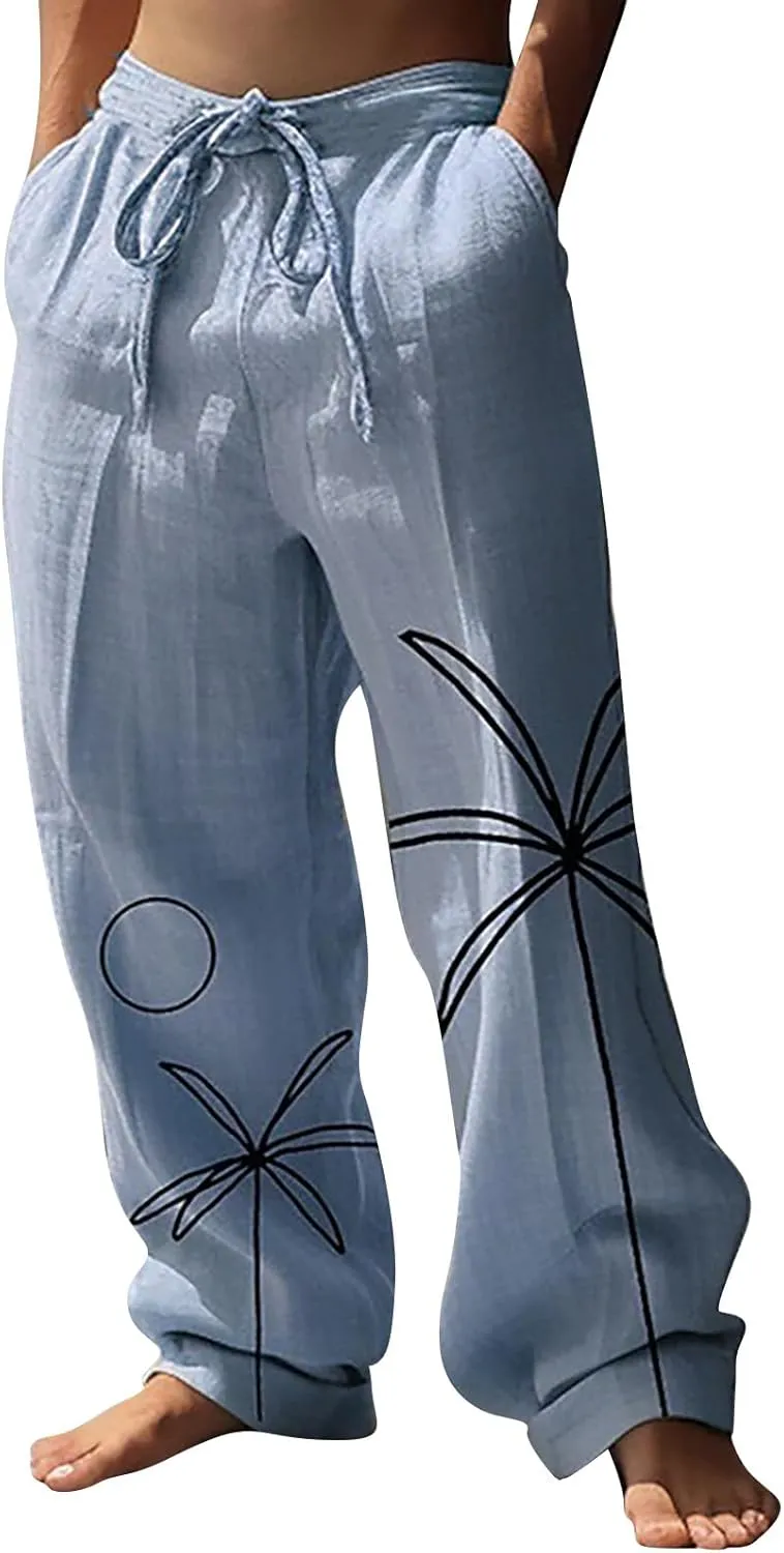 Mens Hippie Harem Pants Baggy Linen Boho Yoga Pants Casual Drop Crotch Trousers Elastic Waist Lightweight Trouser