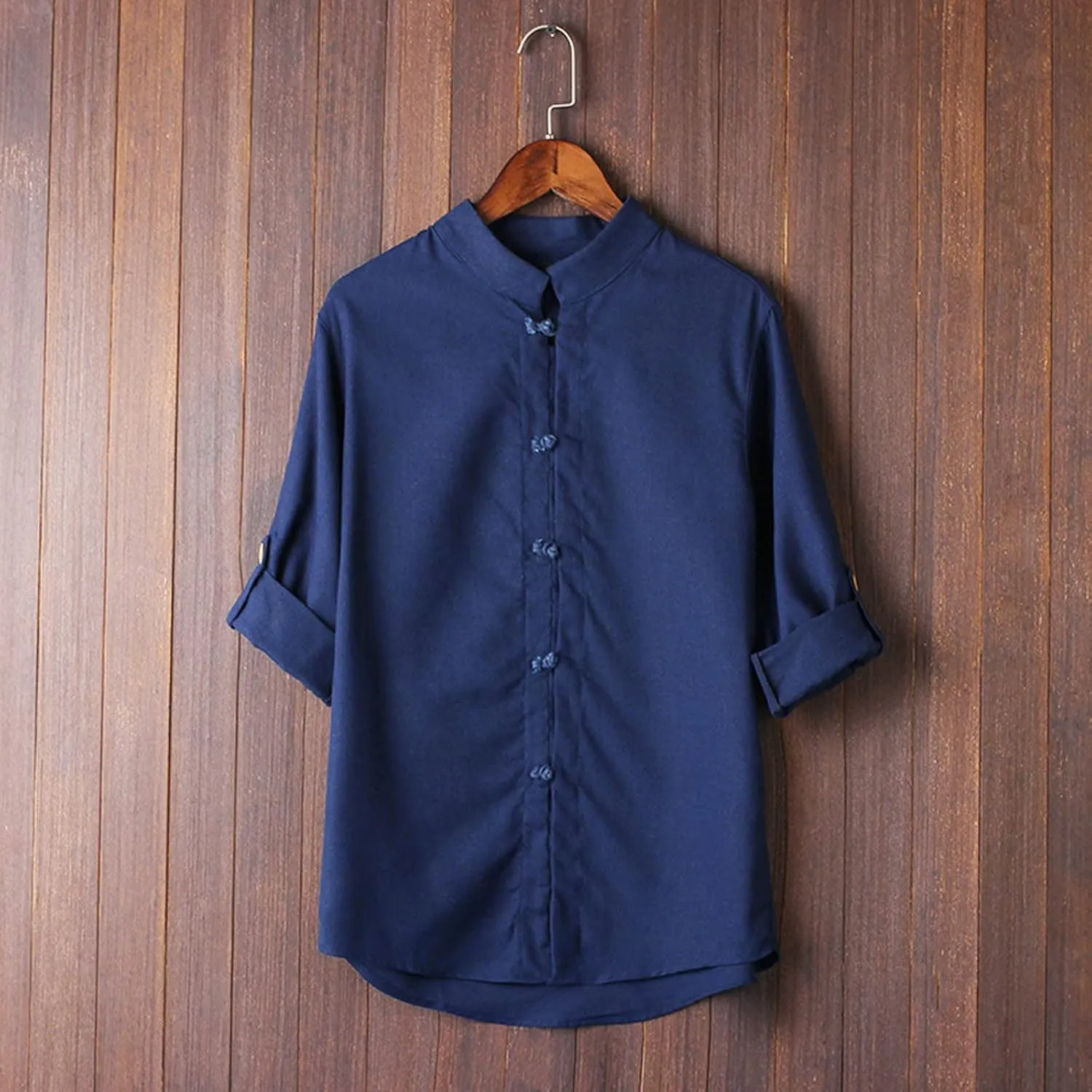 Mens Long Sleeve Cotton Linen Henley Shirts Martial Arts Kung Fu Chinese Traditional Tai Chi Tang Suit Button Tops