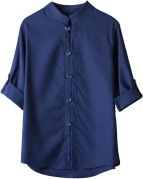 Mens Long Sleeve Cotton Linen Henley Shirts Martial Arts Kung Fu Chinese Traditional Tai Chi Tang Suit Button Tops