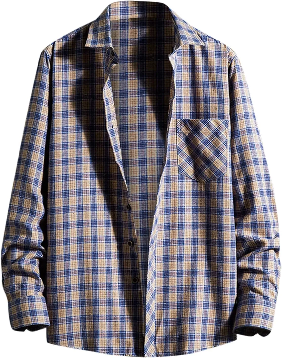 Men's Plaid Hooded Shirts Square Printing Lightweight Breathable Long Sleeve Lapel Men Plus Size Big&Tall Mens with