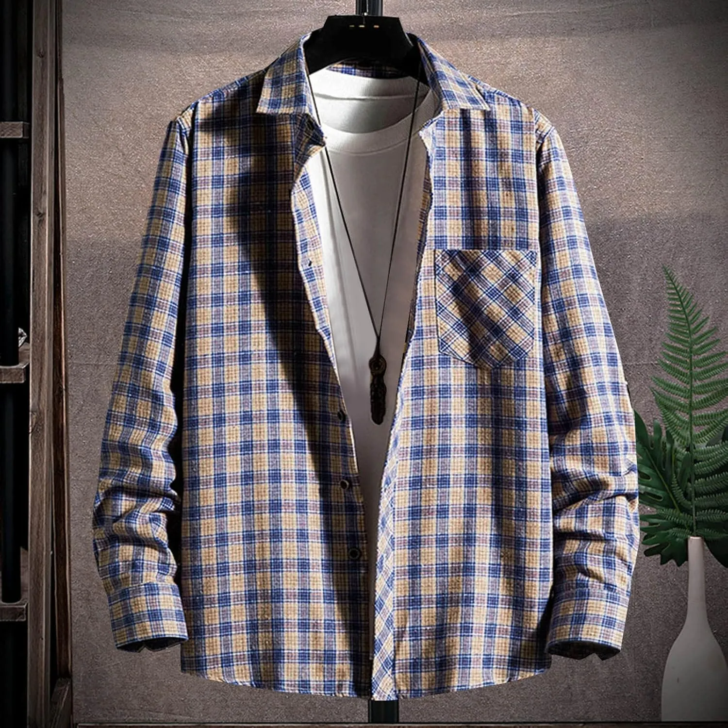 Men's Plaid Hooded Shirts Square Printing Lightweight Breathable Long Sleeve Lapel Men Plus Size Big&Tall Mens with