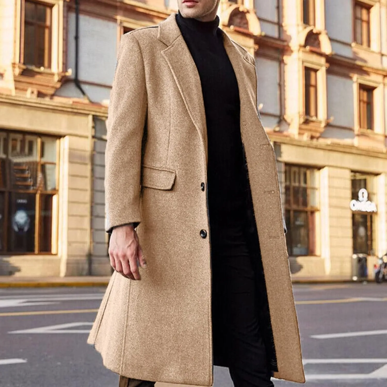 Mens Single Breasted Trench Coat Winter Pea Coat Notch Lapel Long Casual Overcoat