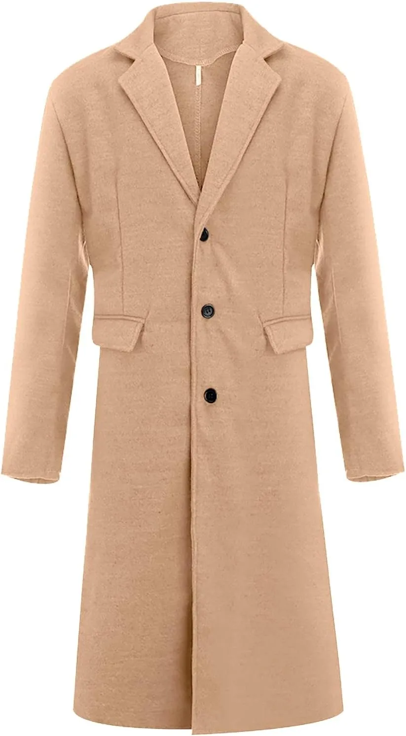 Mens Single Breasted Trench Coat Winter Pea Coat Notch Lapel Long Casual Overcoat