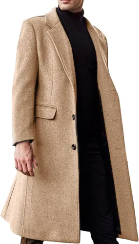 Mens Single Breasted Trench Coat Winter Pea Coat Notch Lapel Long Casual Overcoat