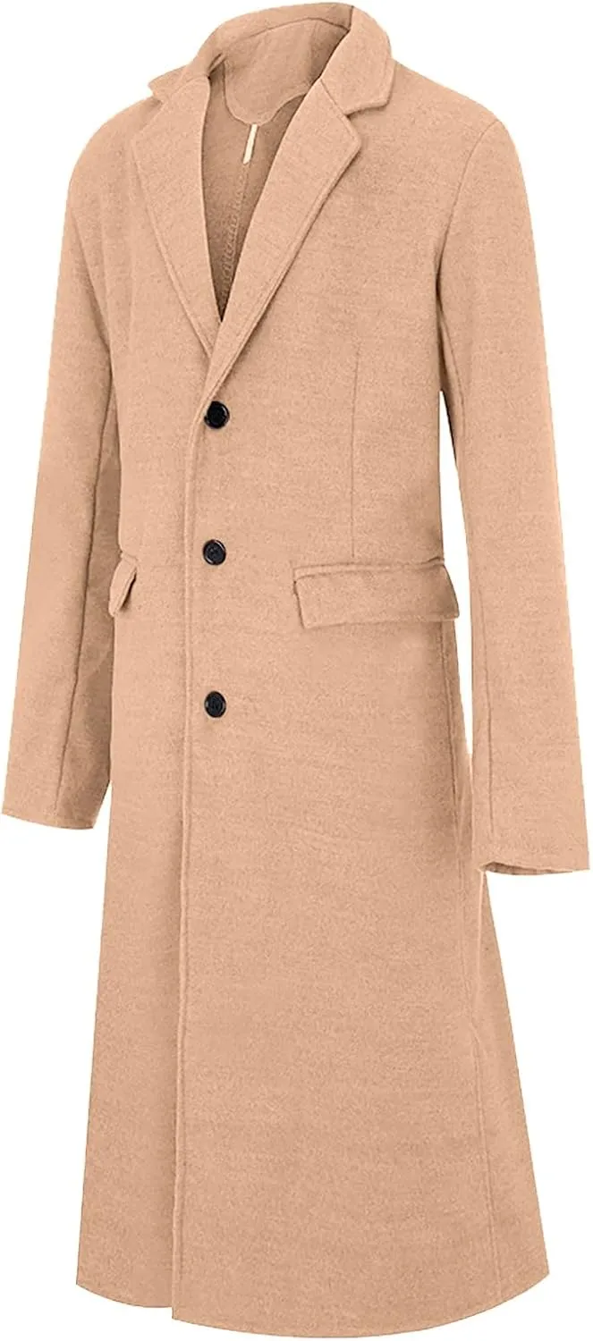 Mens Single Breasted Trench Coat Winter Pea Coat Notch Lapel Long Casual Overcoat
