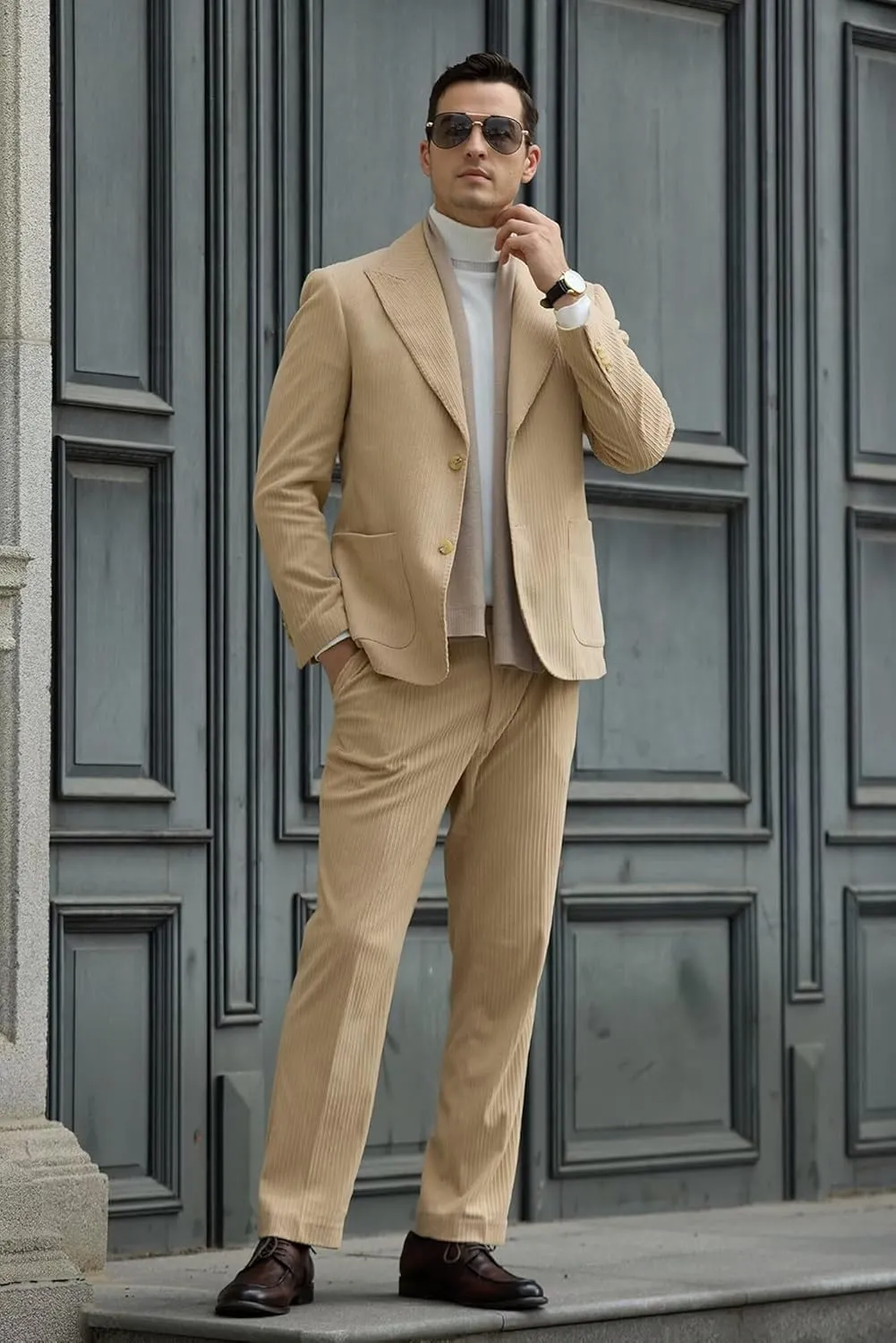 Mens Slim Fit Suits Corduroy Suit for Men 2 Piece Suit Jacket Blazer Pants Two Button Wedding Prom Tuxedo Suit