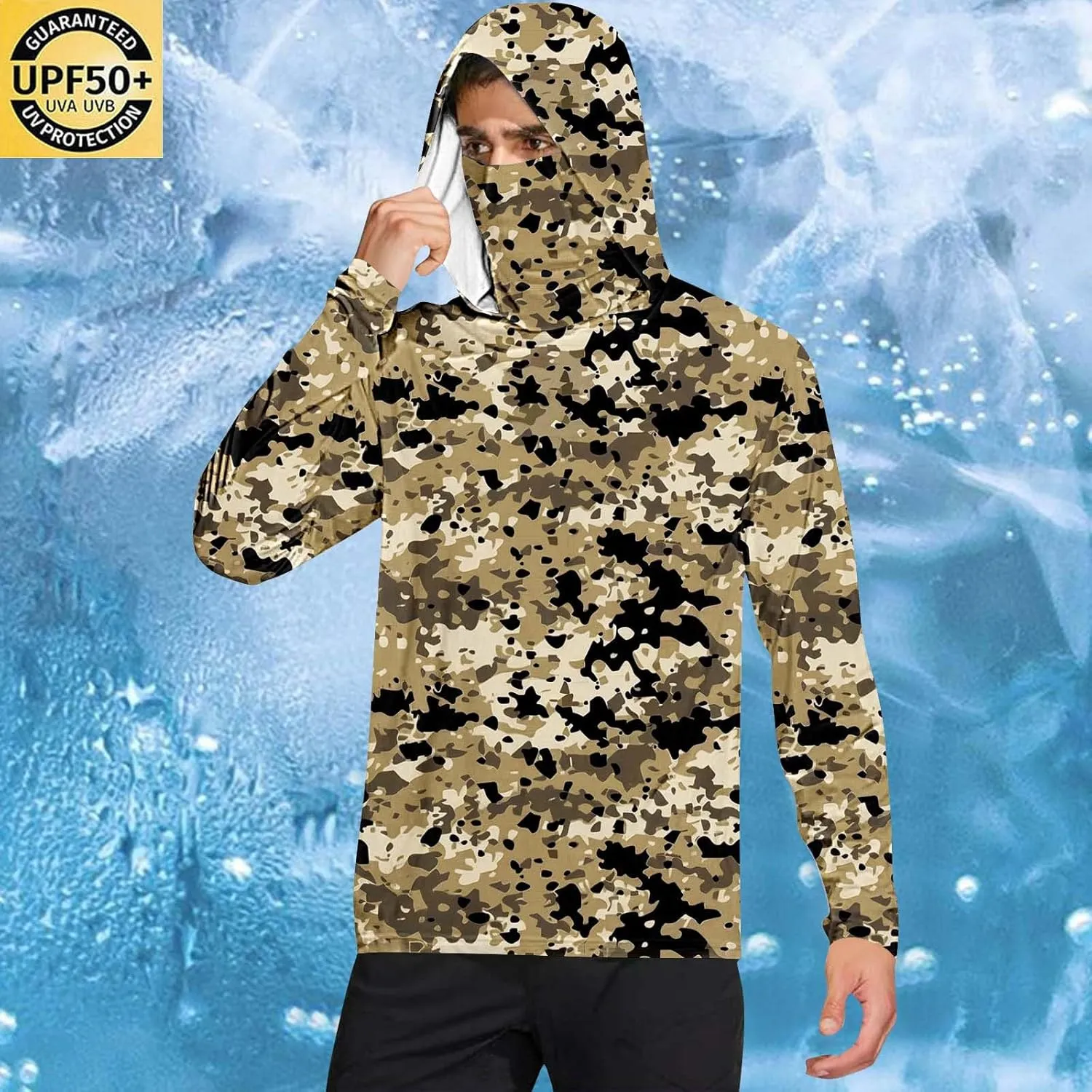 Mens UPF 50  Fishing Shirts Long Sleeve UV Sun Protection Hoodie Camo Tops Swim Rash Guard For Outdoor Hiking Running