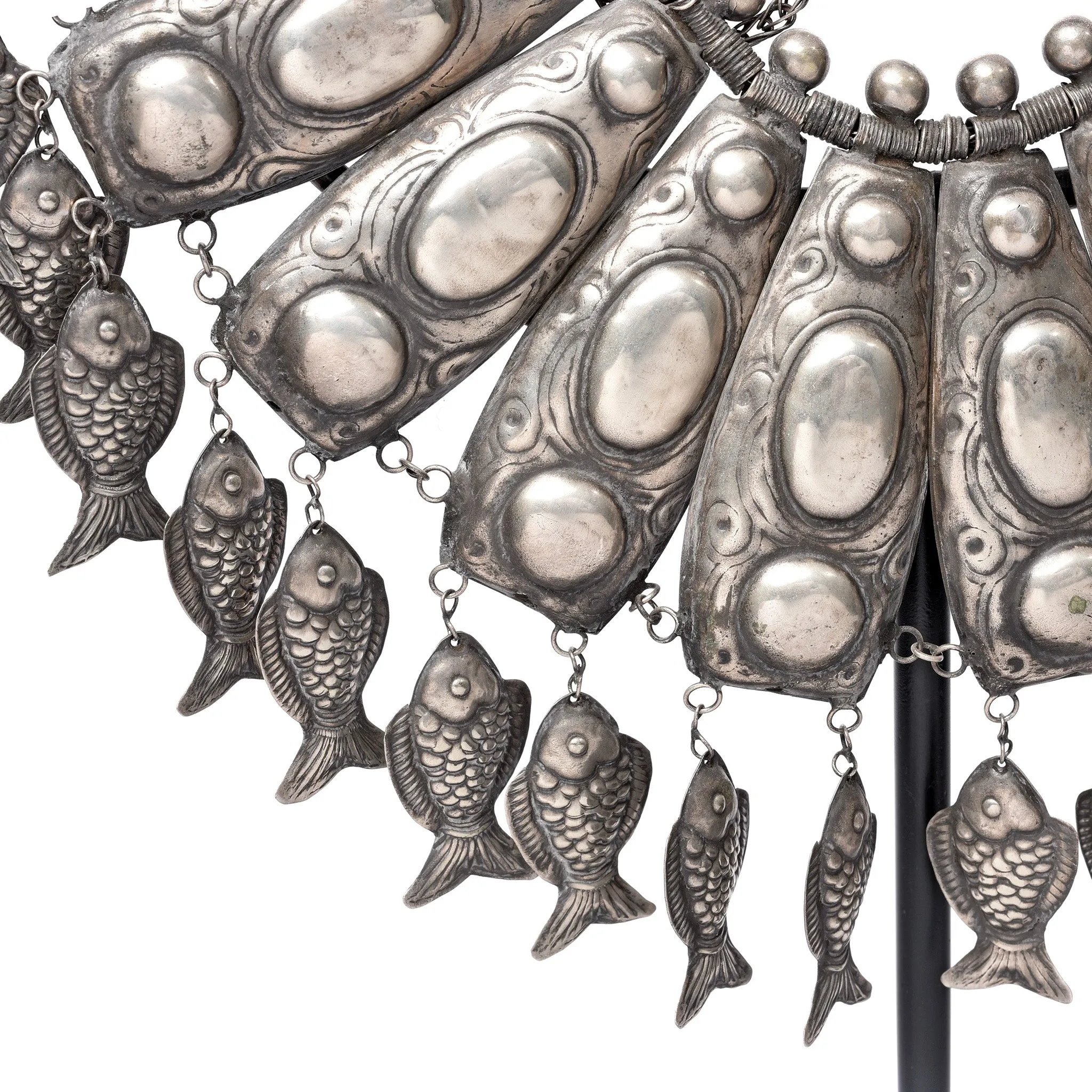 Miao Tribal White Metal Necklace on Iron Stand
