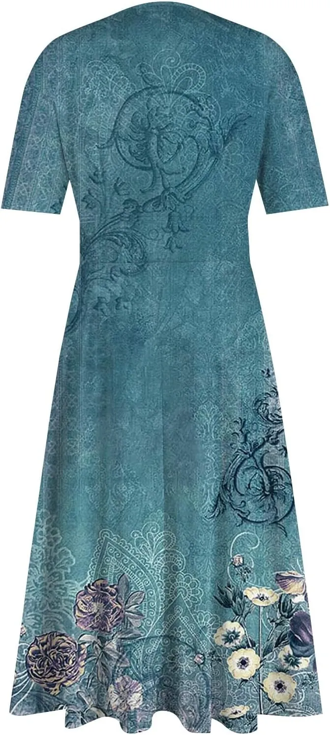 Midi Dresses for Women A-Line Waist V Neck Maxi Dresses Short Sleeve Swing Dress Printing Dressy Beach Dress