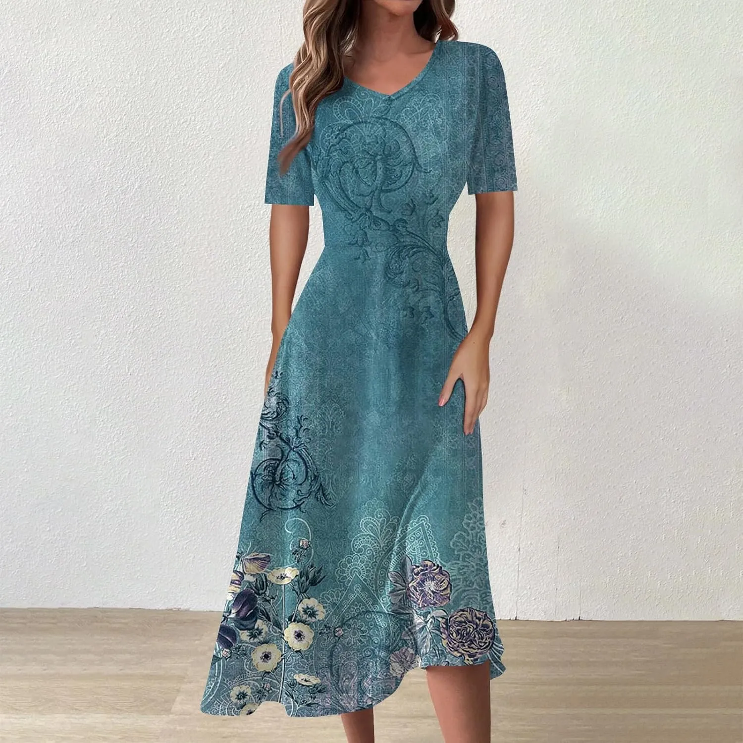 Midi Dresses for Women A-Line Waist V Neck Maxi Dresses Short Sleeve Swing Dress Printing Dressy Beach Dress