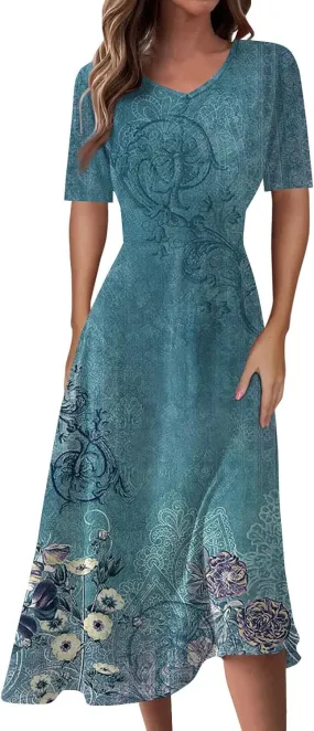 Midi Dresses for Women A-Line Waist V Neck Maxi Dresses Short Sleeve Swing Dress Printing Dressy Beach Dress