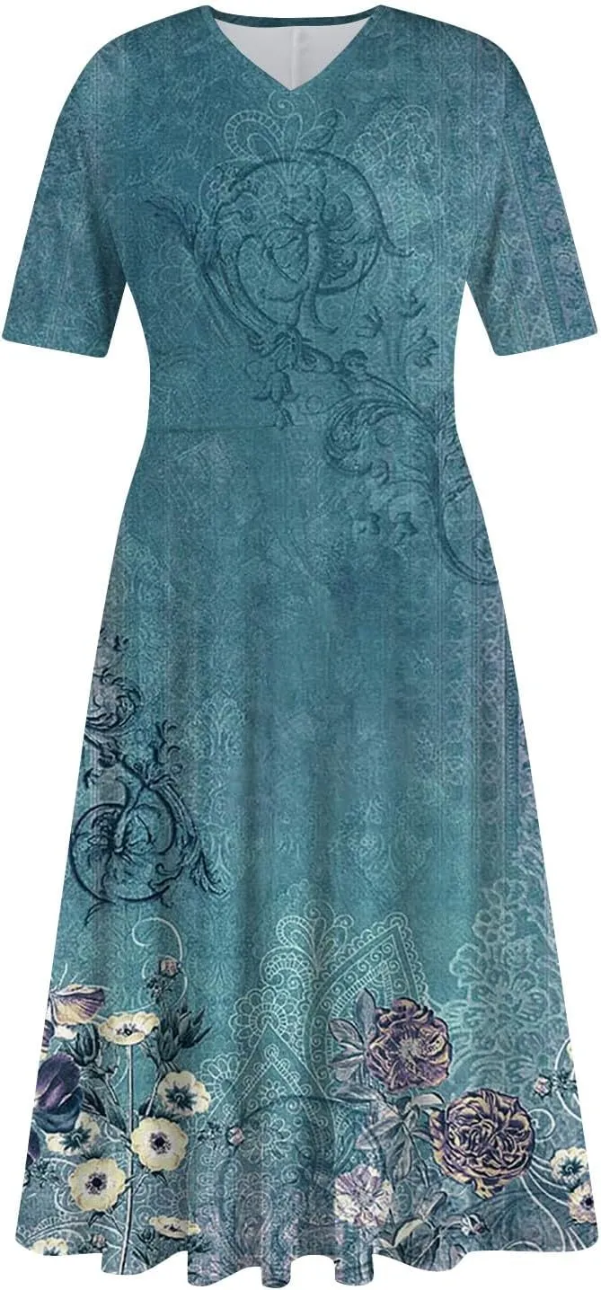 Midi Dresses for Women A-Line Waist V Neck Maxi Dresses Short Sleeve Swing Dress Printing Dressy Beach Dress