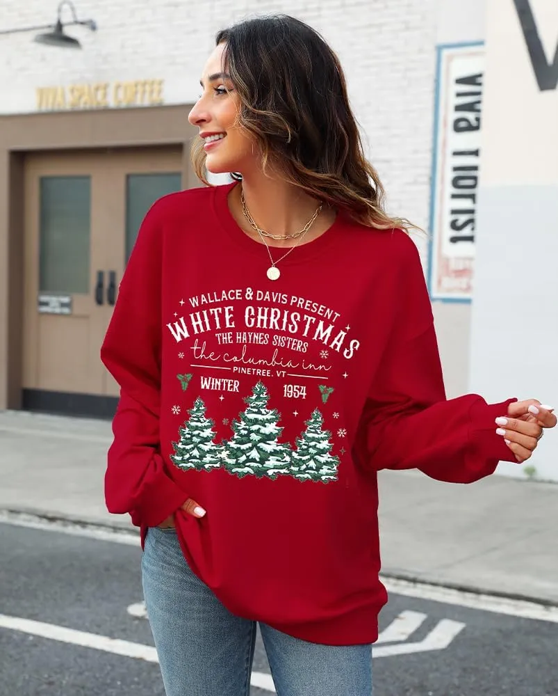 MYHALF Womens White Christmas Sweatshirt Crewneck Christmas Tree Graphic Shirts Oversized Xmas Pullover Sweater