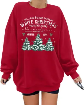 MYHALF Womens White Christmas Sweatshirt Crewneck Christmas Tree Graphic Shirts Oversized Xmas Pullover Sweater