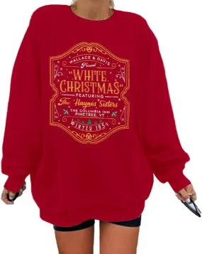 MYHALF Womens White Christmas Sweatshirt Crewneck Christmas Tree Graphic Shirts Oversized Xmas Pullover Sweater