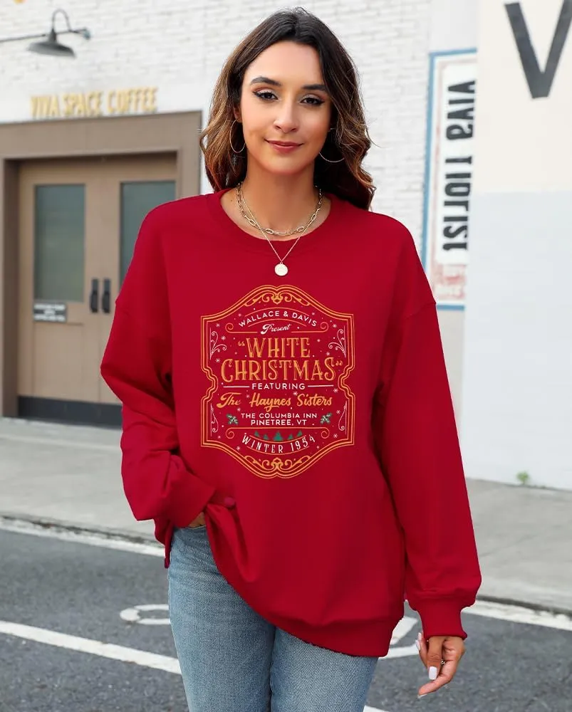 MYHALF Womens White Christmas Sweatshirt Crewneck Christmas Tree Graphic Shirts Oversized Xmas Pullover Sweater