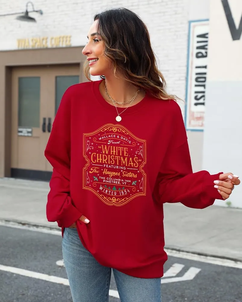 MYHALF Womens White Christmas Sweatshirt Crewneck Christmas Tree Graphic Shirts Oversized Xmas Pullover Sweater