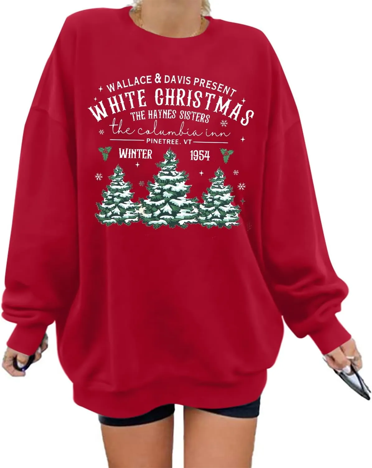 MYHALF Womens White Christmas Sweatshirt Crewneck Christmas Tree Graphic Shirts Oversized Xmas Pullover Sweater