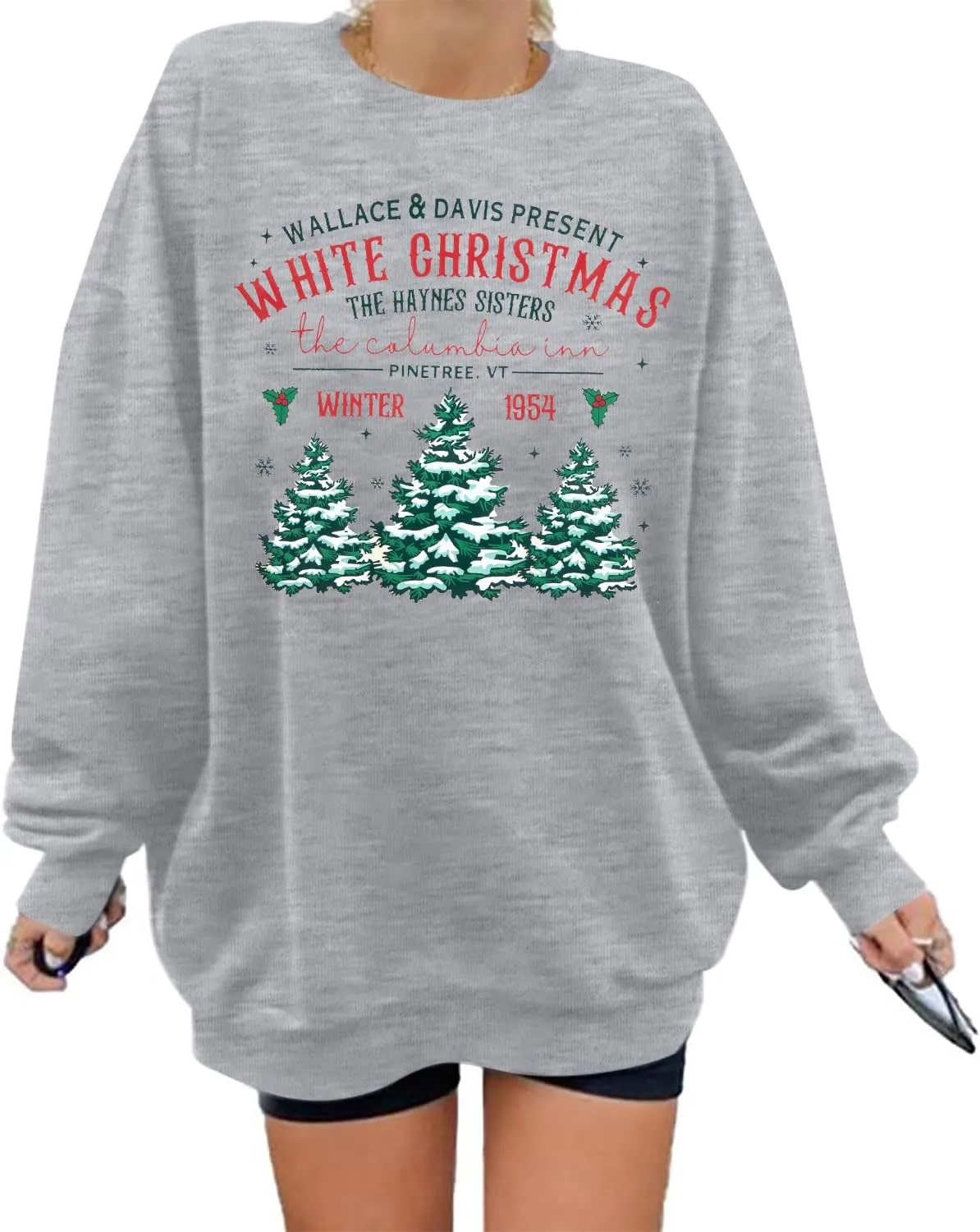 MYHALF Womens White Christmas Sweatshirt Crewneck Christmas Tree Graphic Shirts Oversized Xmas Pullover Sweater