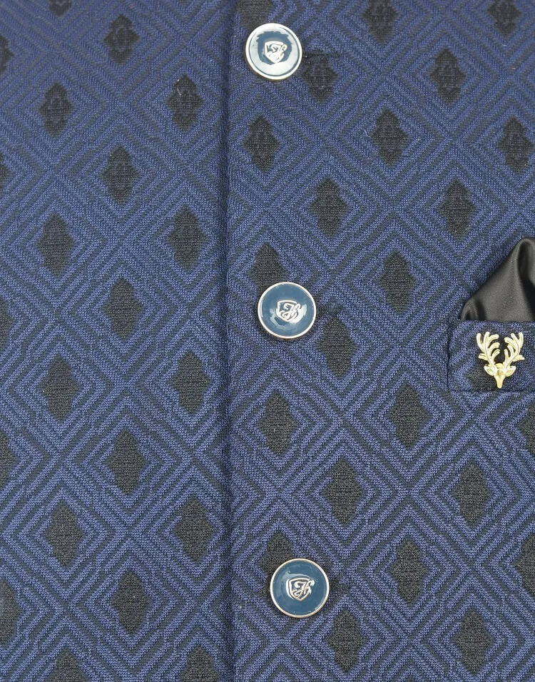 Navy Blue Printed Traditional Bandhgala Suit