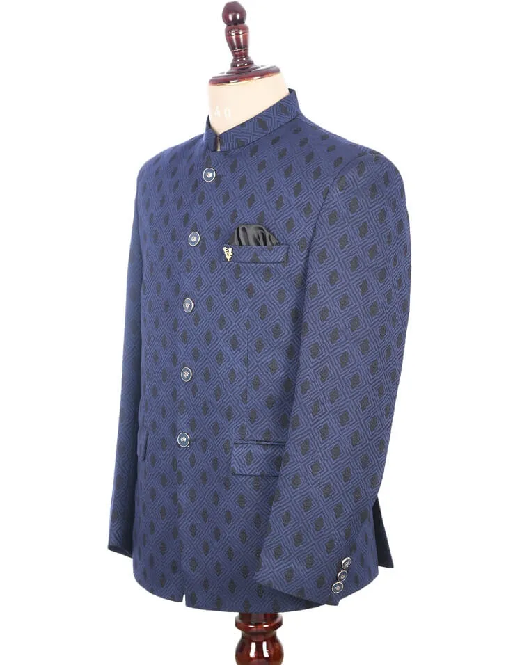 Navy Blue Printed Traditional Bandhgala Suit