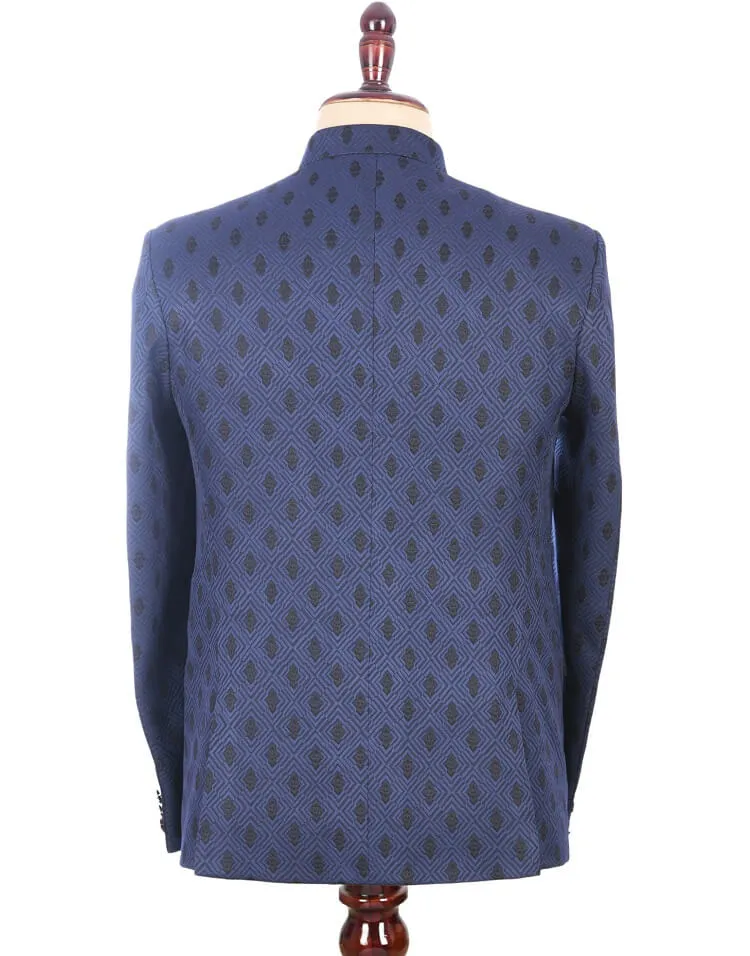 Navy Blue Printed Traditional Bandhgala Suit