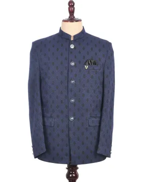Navy Blue Printed Traditional Bandhgala Suit