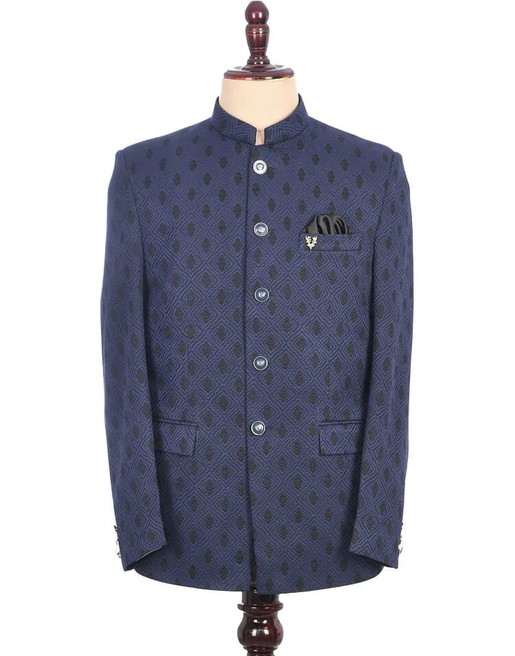 Navy Blue Printed Traditional Bandhgala Suit