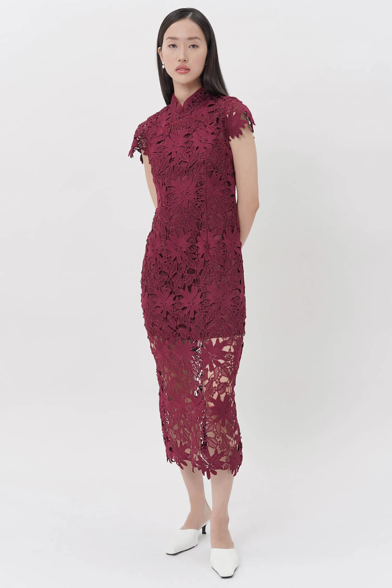 Nongli Cheongsam Midi Dress In Maroon (ONLINE EXCLUSIVE)