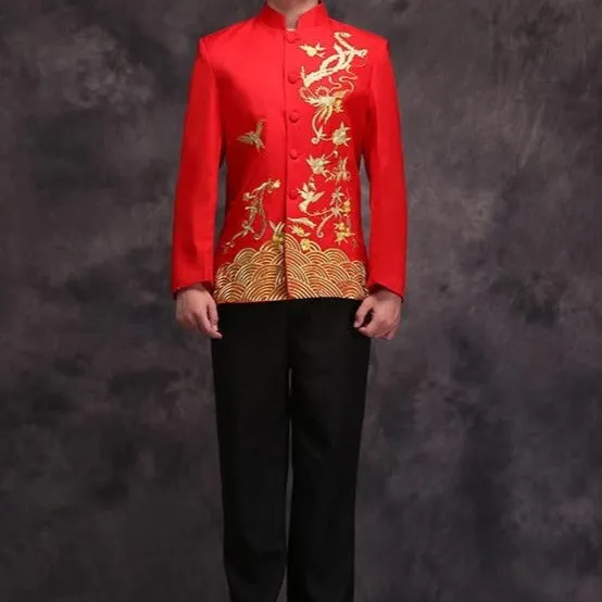 Phoenix & Floral Embroidery Satin Chinese Groom Suit