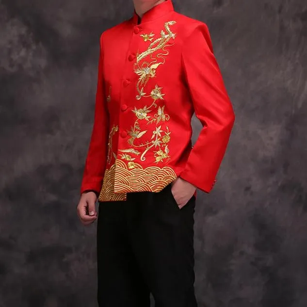 Phoenix & Floral Embroidery Satin Chinese Groom Suit