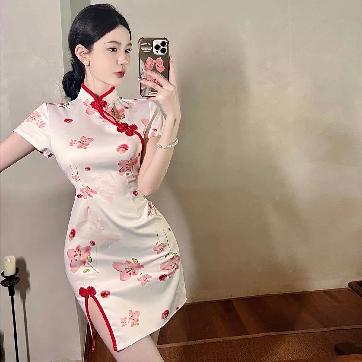 Pink Flower White Cheongsam Dress (S)