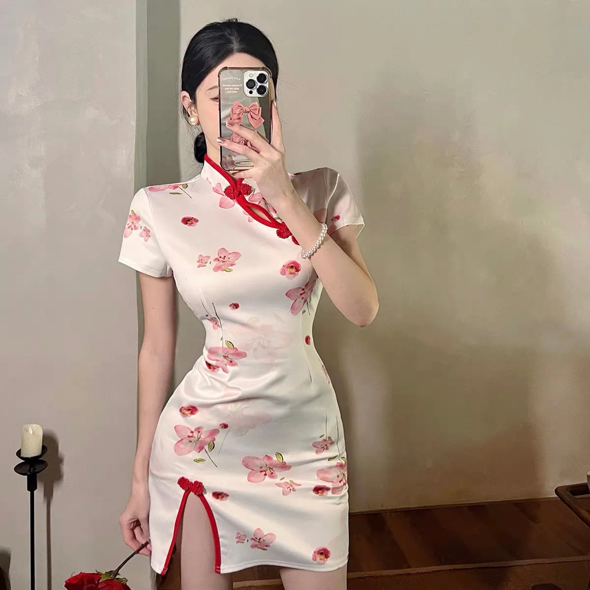 Pink Flower White Cheongsam Dress (S)