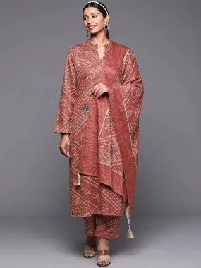 Pink Printed Wool Straight Kurta With Trousers & Dupatta