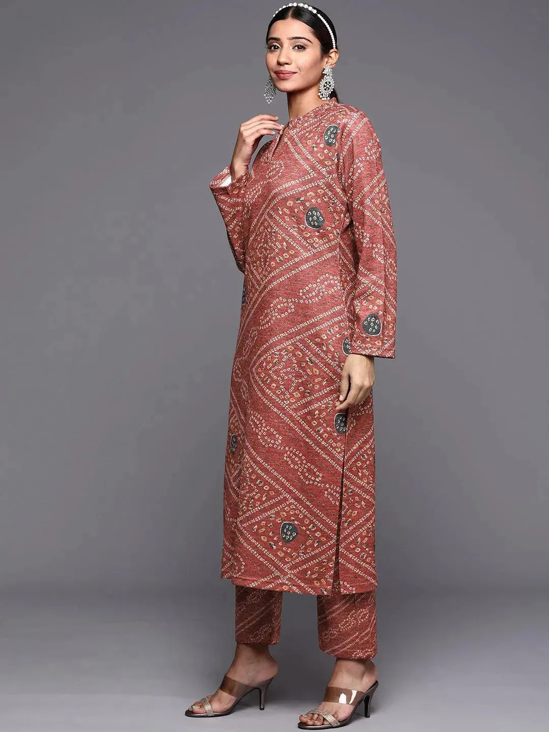 Pink Printed Wool Straight Kurta With Trousers & Dupatta