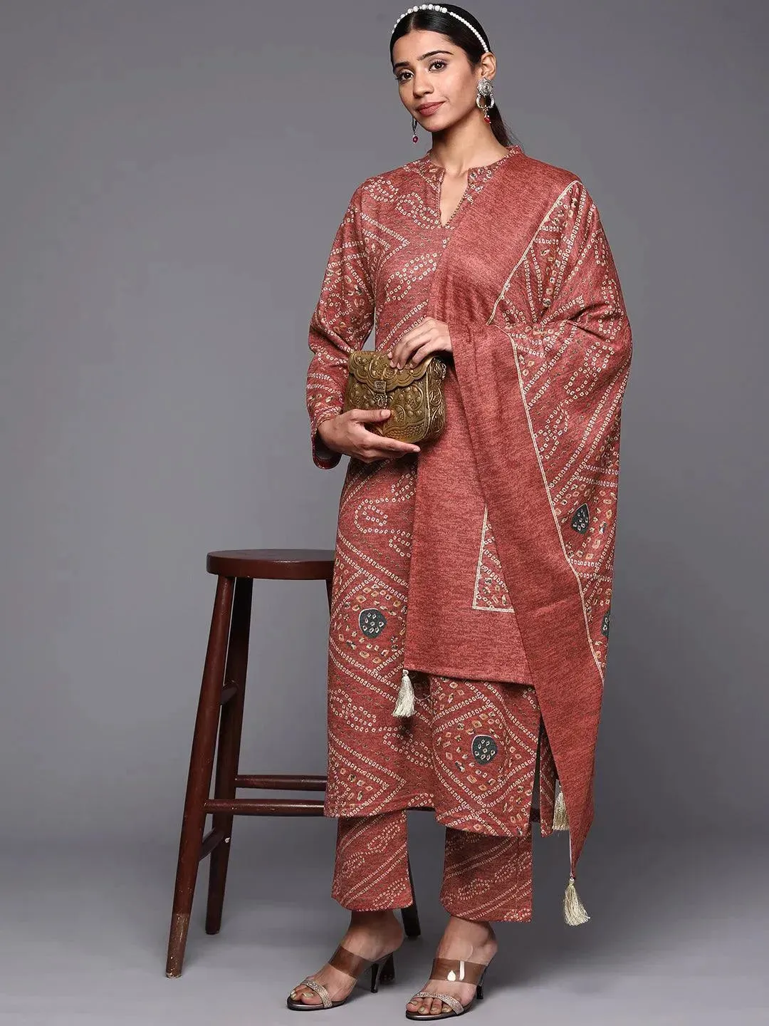 Pink Printed Wool Straight Kurta With Trousers & Dupatta