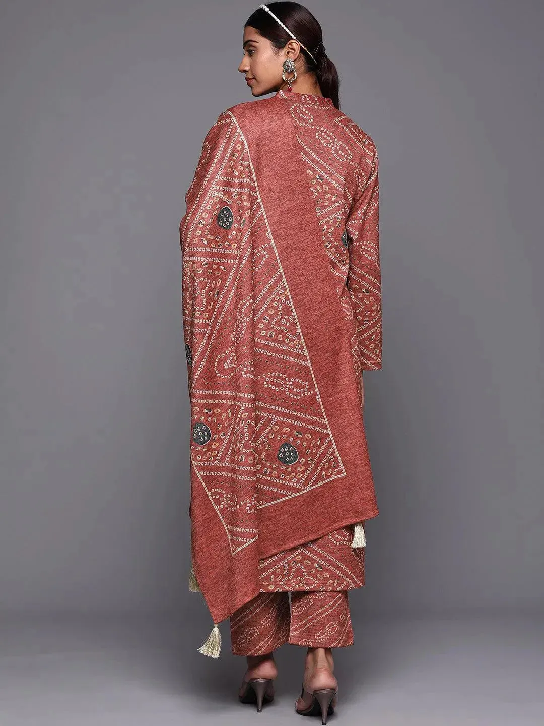 Pink Printed Wool Straight Kurta With Trousers & Dupatta