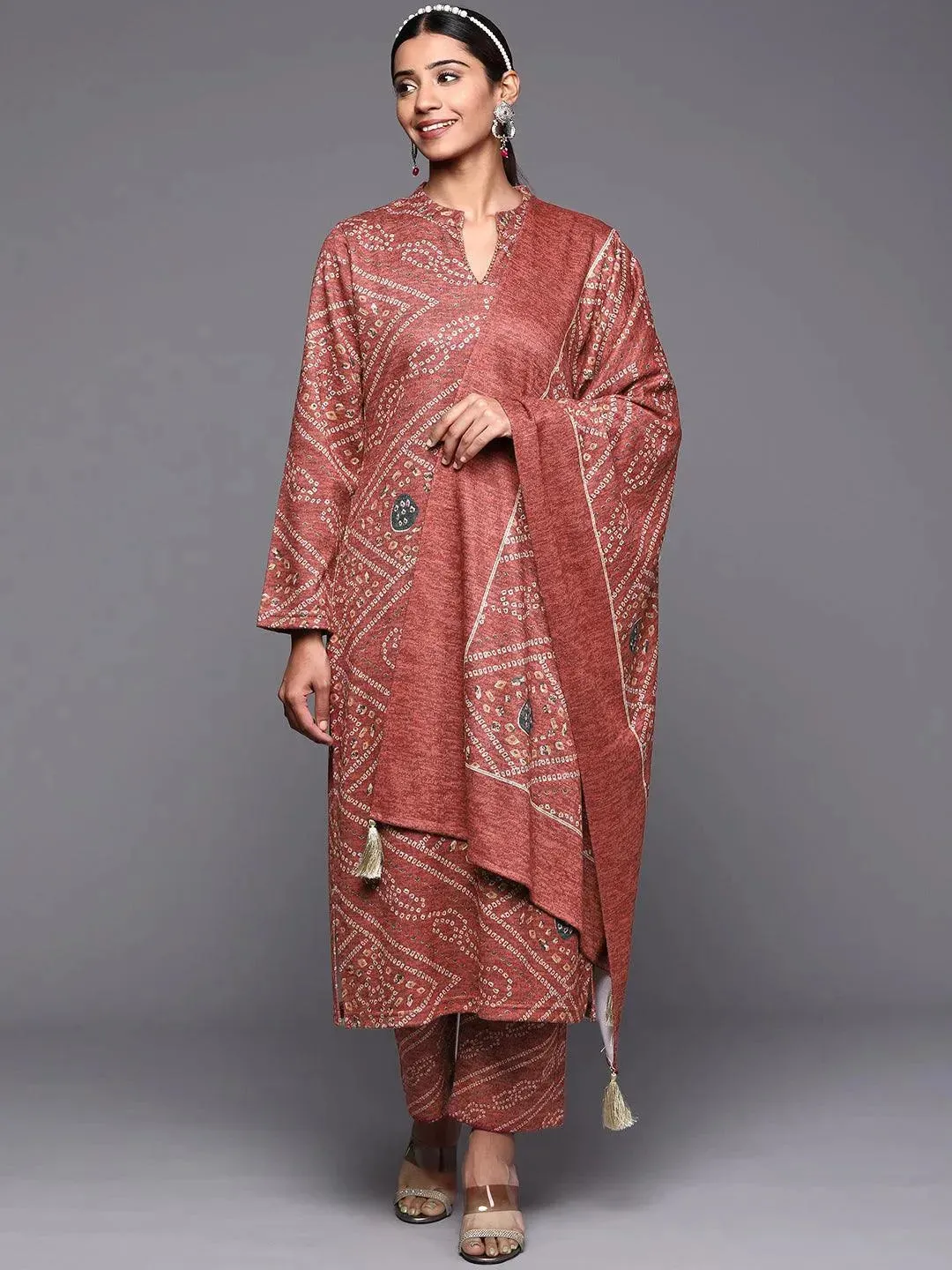 Pink Printed Wool Straight Kurta With Trousers & Dupatta