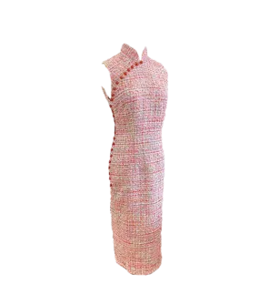 Pink Tweed Cheongsam with Red Jade Beads