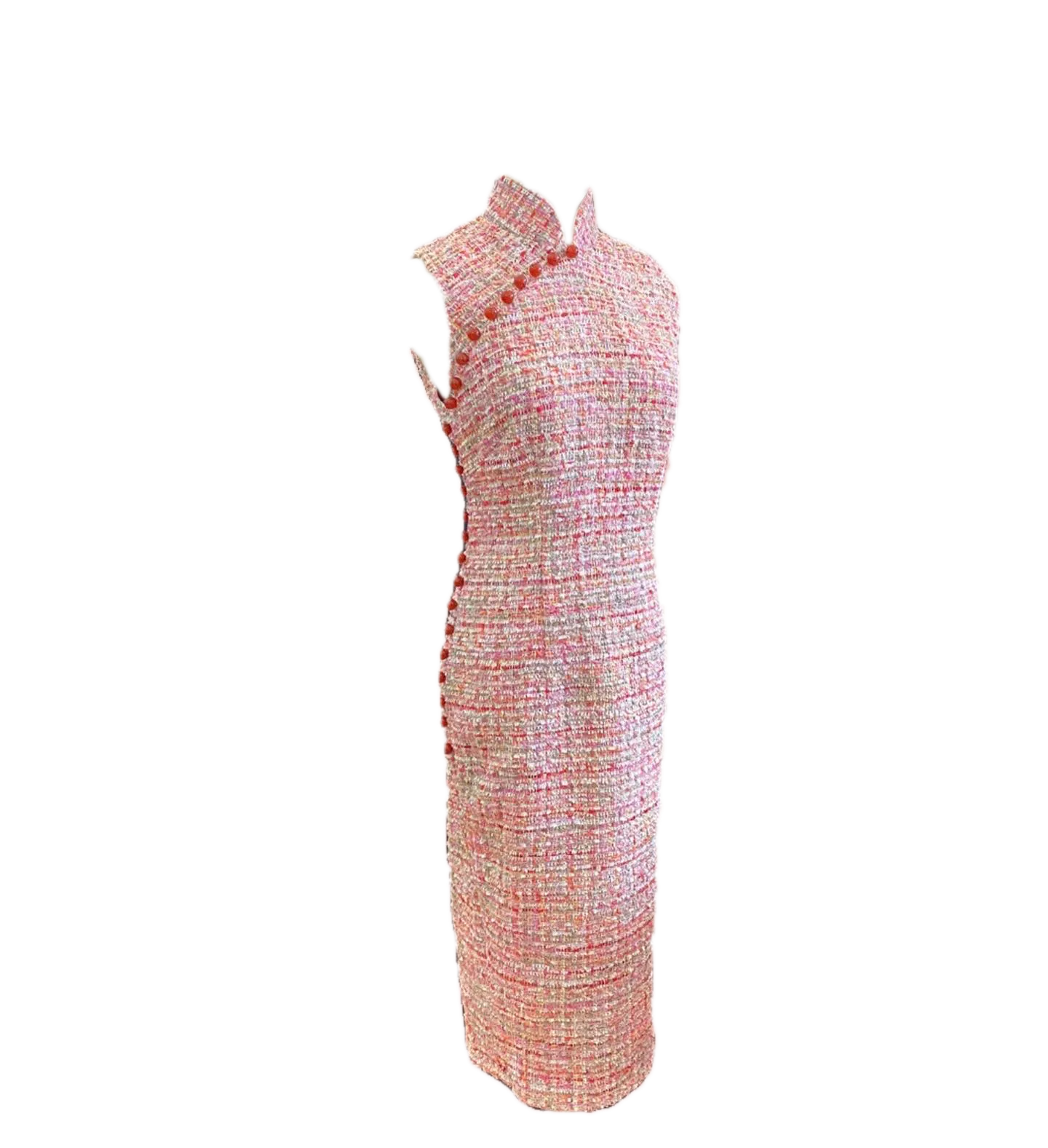 Pink Tweed Cheongsam with Red Jade Beads