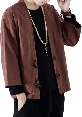 PRIJOUHE Men's Kimono Jackets Cardigan Lightweight Casual Cotton Blends Linen Seven Sleeves Open Front Coat Outwear
