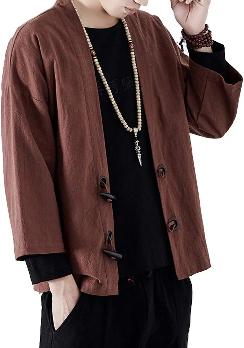 PRIJOUHE Men's Kimono Jackets Cardigan Lightweight Casual Cotton Blends Linen Seven Sleeves Open Front Coat Outwear