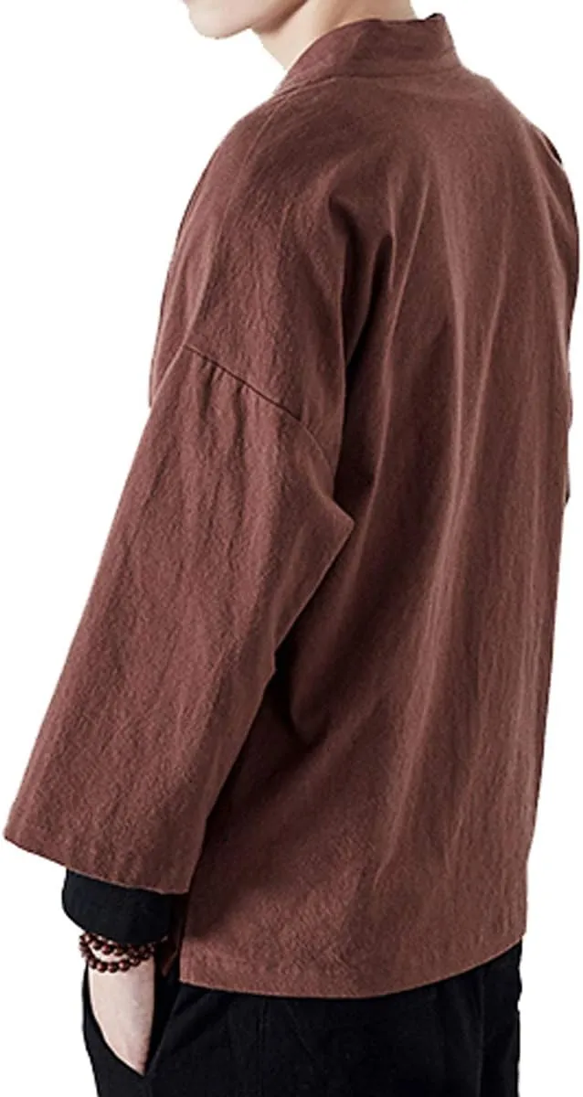 PRIJOUHE Men's Kimono Jackets Cardigan Lightweight Casual Cotton Blends Linen Seven Sleeves Open Front Coat Outwear
