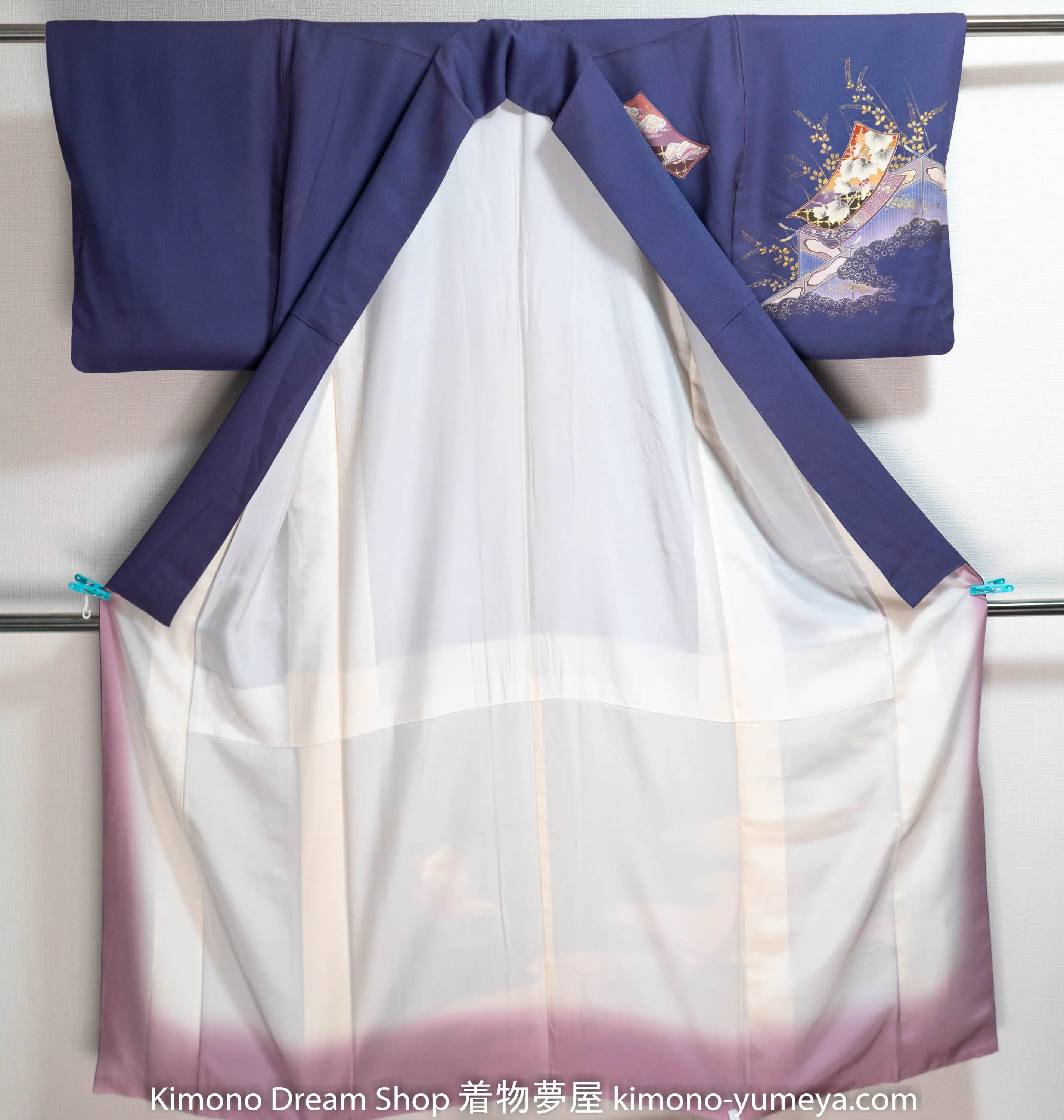 Purple Homongi - Unique Style - Vintage Silk Kimono - Japanese Herons Traditional Patterns Clouds
