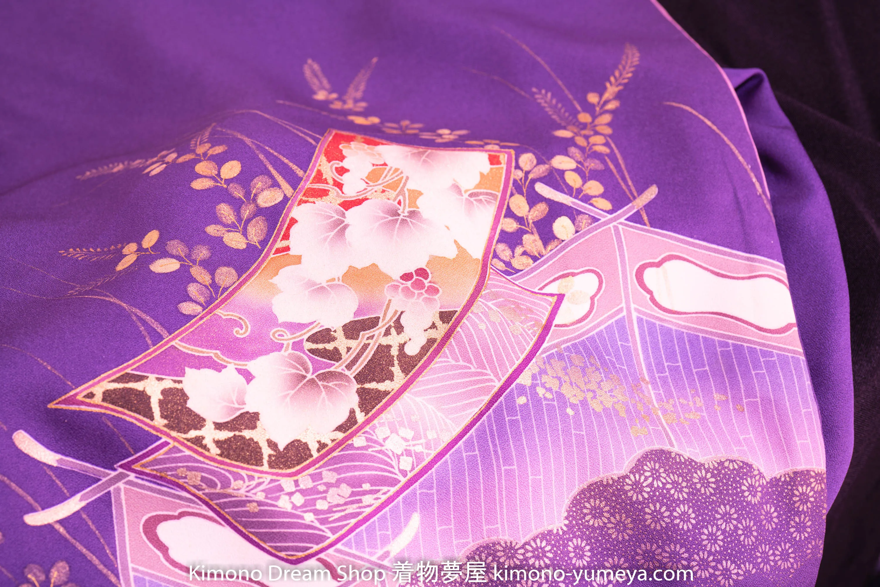 Purple Homongi - Unique Style - Vintage Silk Kimono - Japanese Herons Traditional Patterns Clouds