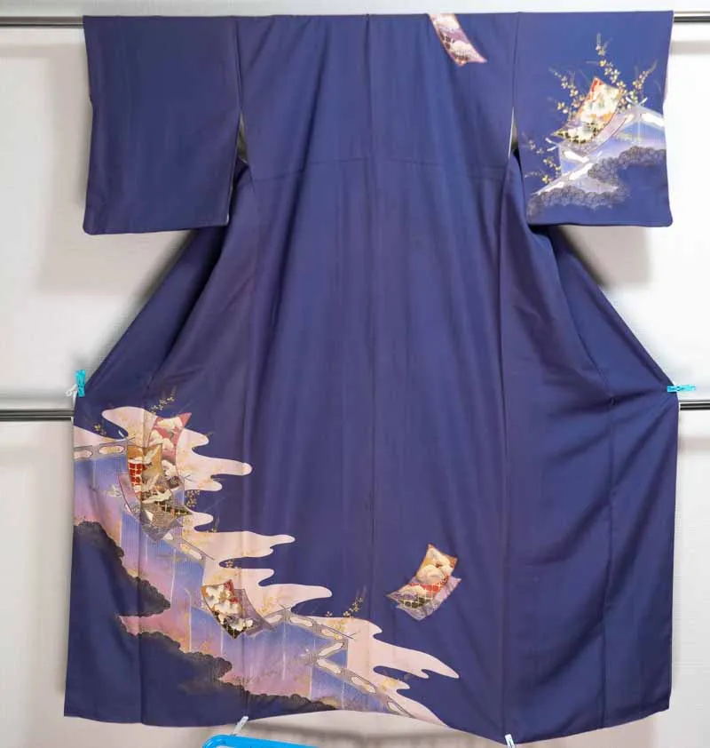 Purple Homongi - Unique Style - Vintage Silk Kimono - Japanese Herons Traditional Patterns Clouds