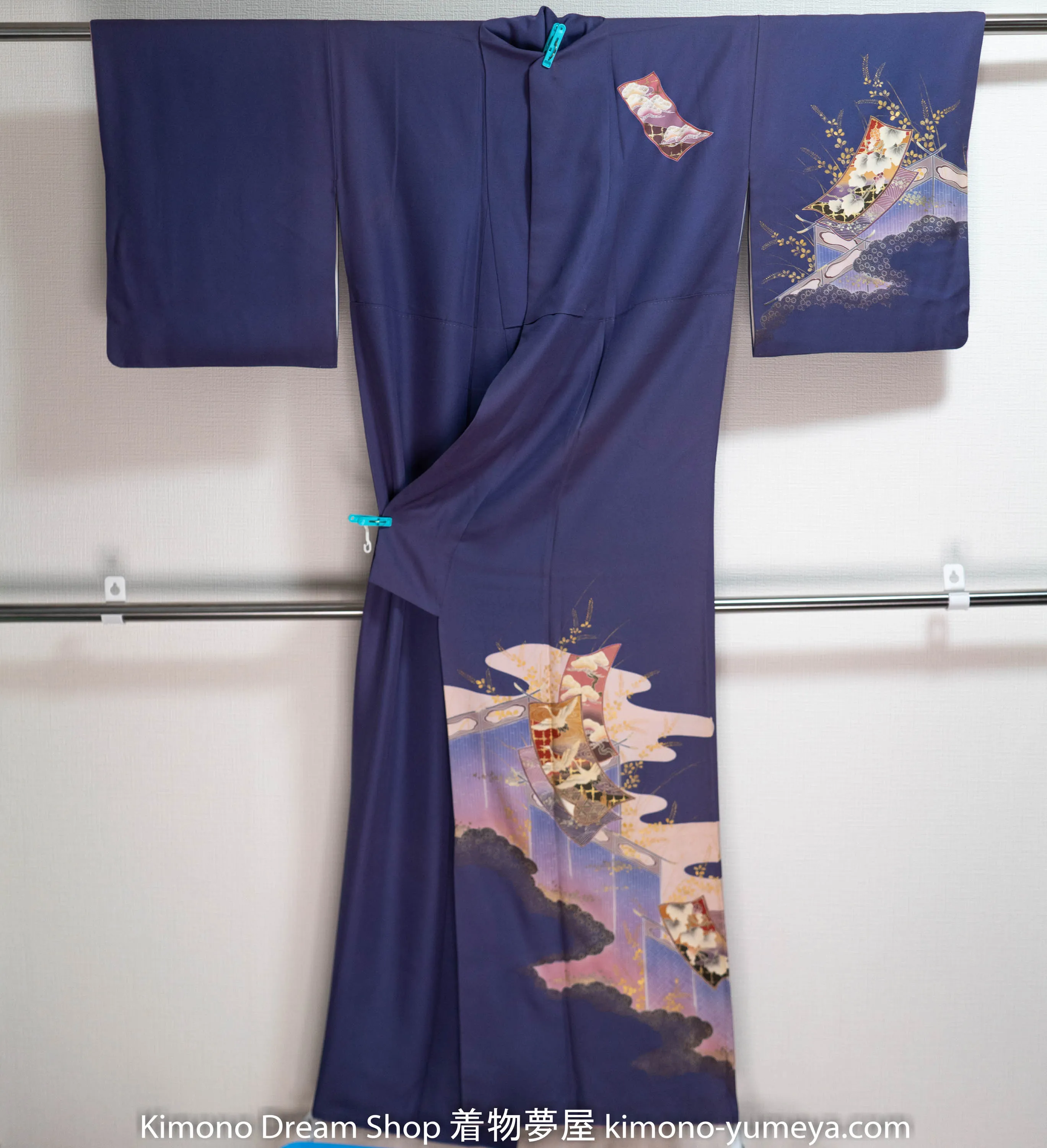 Purple Homongi - Unique Style - Vintage Silk Kimono - Japanese Herons Traditional Patterns Clouds