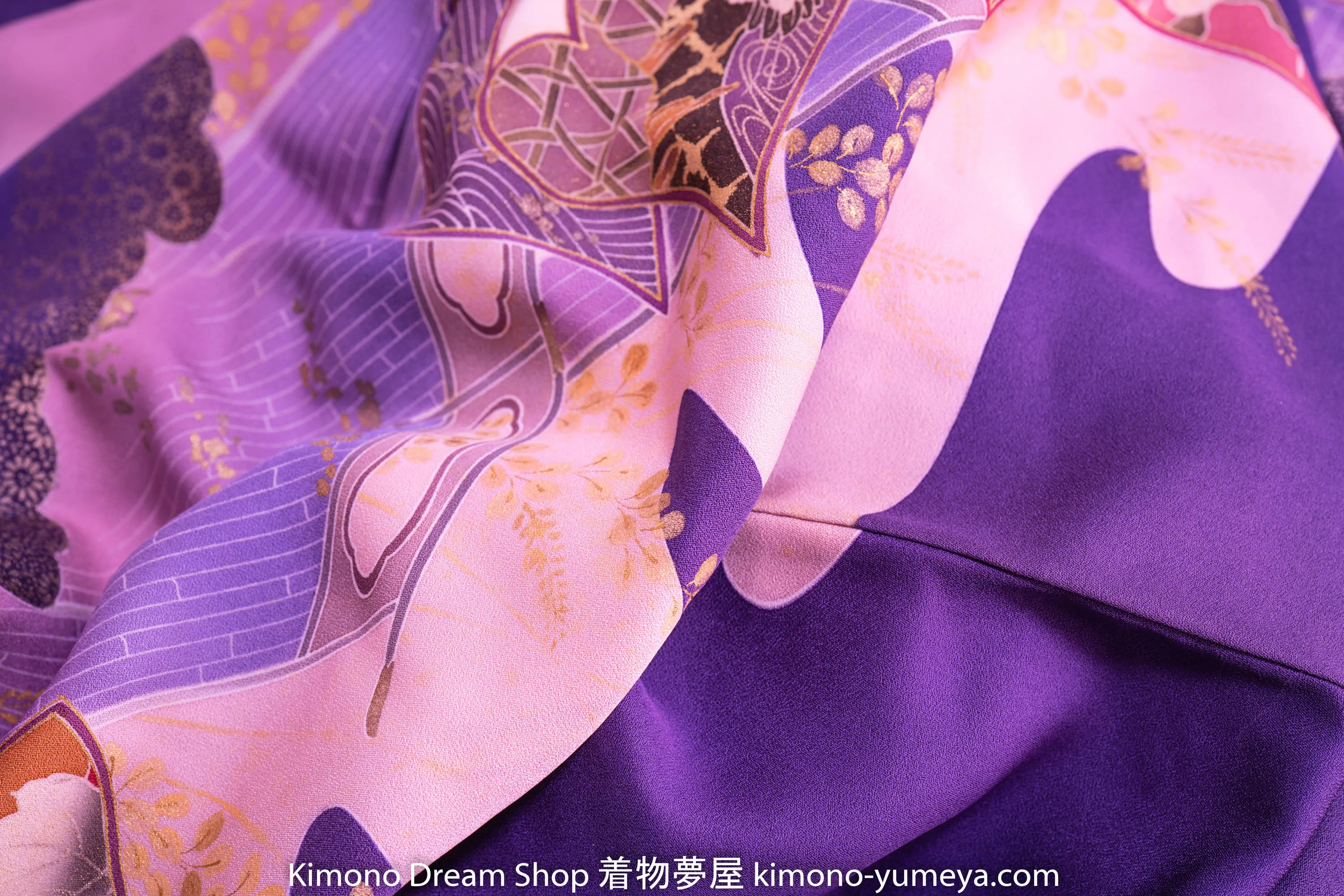 Purple Homongi - Unique Style - Vintage Silk Kimono - Japanese Herons Traditional Patterns Clouds