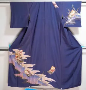 Purple Homongi - Unique Style - Vintage Silk Kimono - Japanese Herons Traditional Patterns Clouds